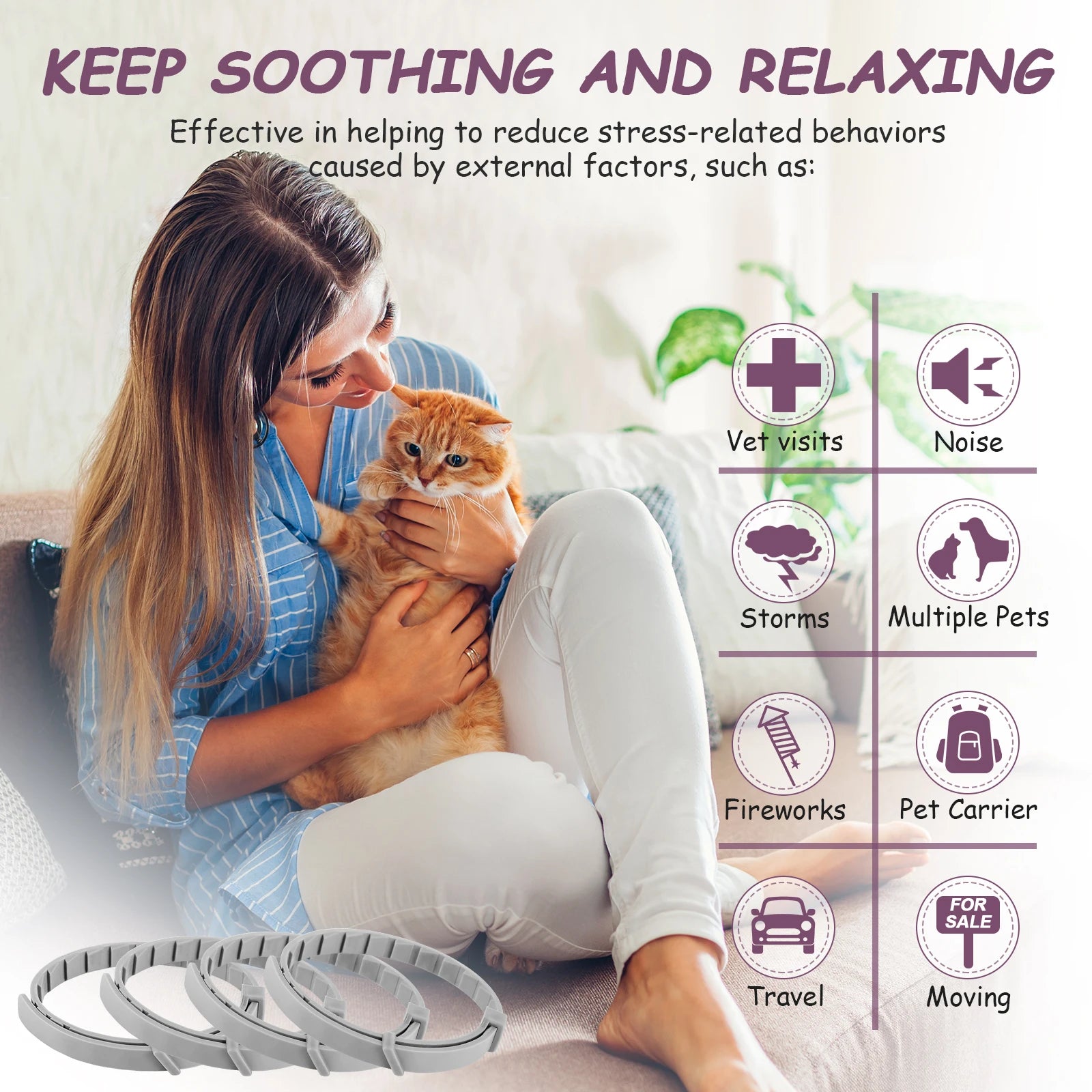 Pet Calming Collar for Cats Dogs Adjustable Anxiety Pheromone Reducing Pet Collar Lasting Natural Calm Relax Soothing Collars