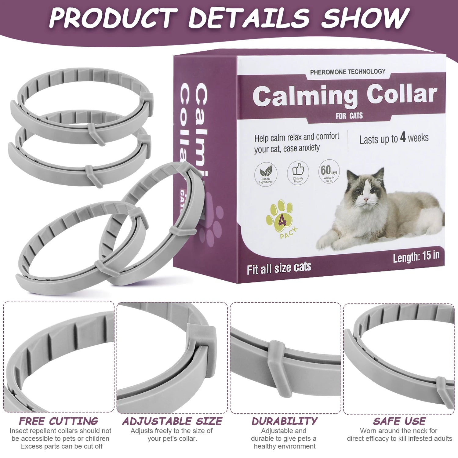 Pet Calming Collar for Cats Dogs Adjustable Anxiety Pheromone Reducing Pet Collar Lasting Natural Calm Relax Soothing Collars